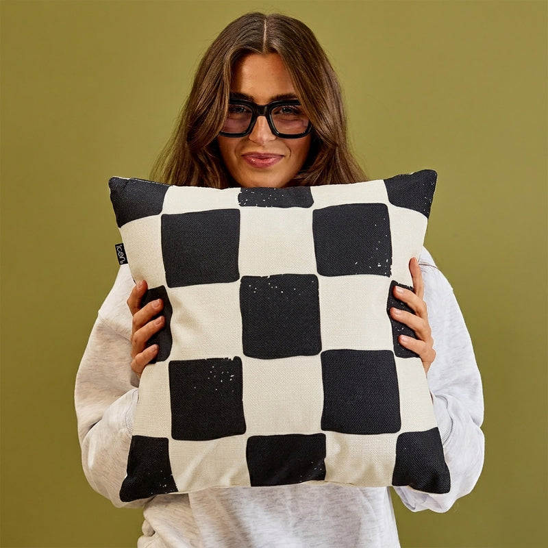 Coussin d'intérieur/extérieur à damier - Noir et blanc