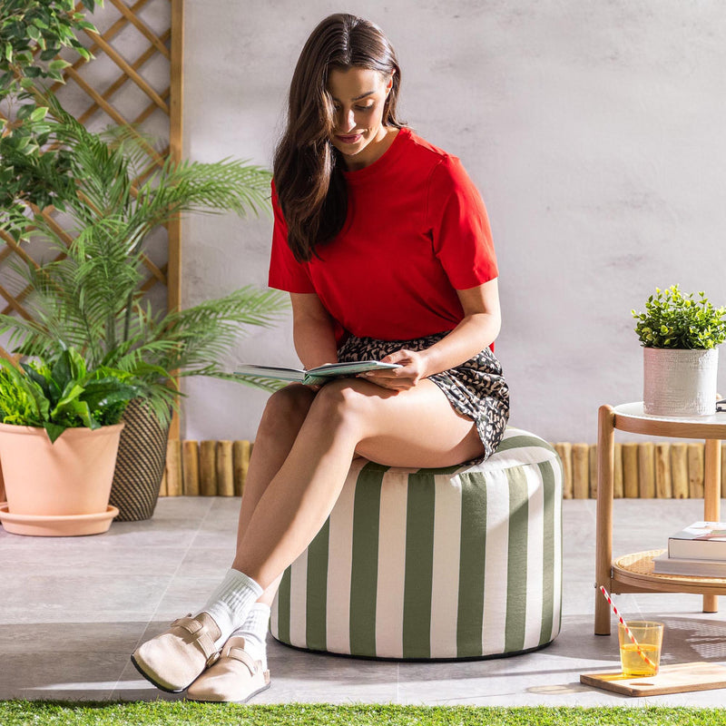 Pouf rond tissé Milano Stripe, vert olive