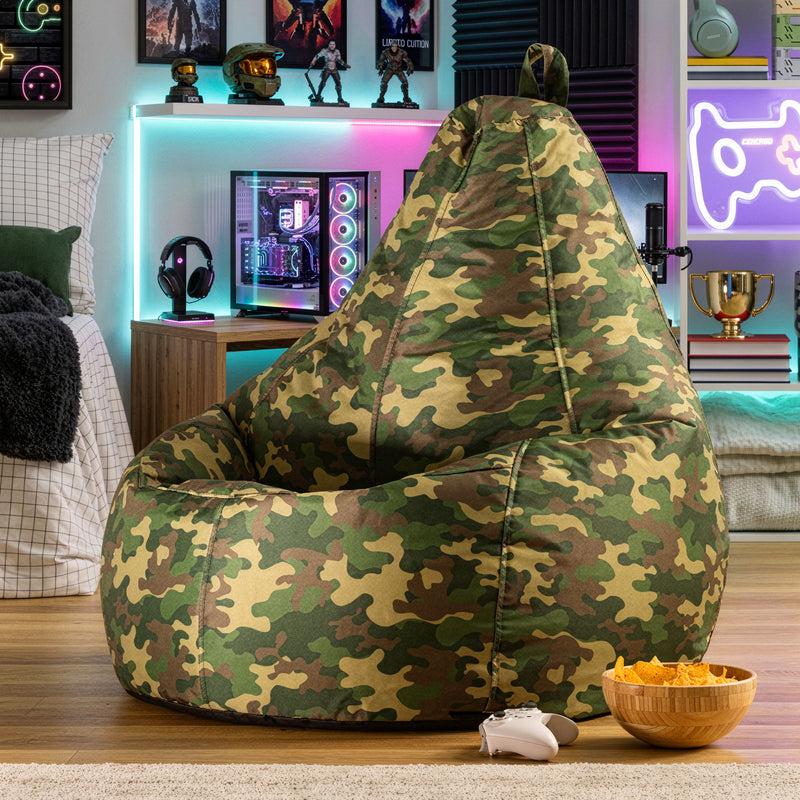 Pouf gaming à dossier haut résistant à l'eau, imprimé camouflage vert 