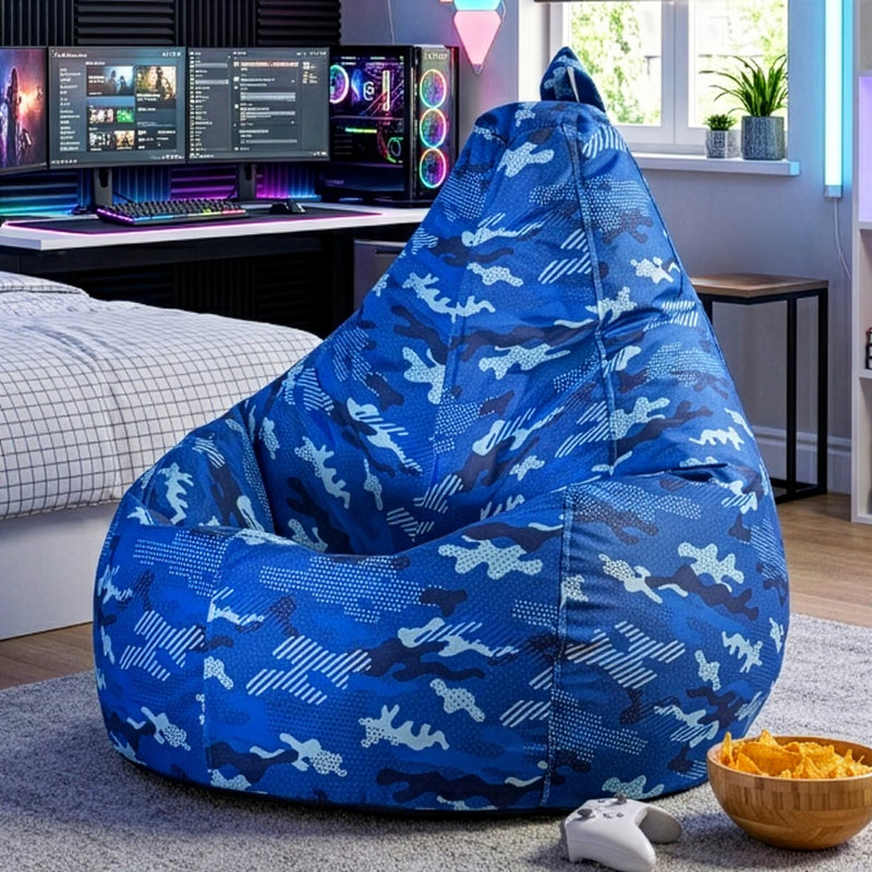Pouf gaming à dossier haut résistant à l'eau, imprimé camouflage bleu