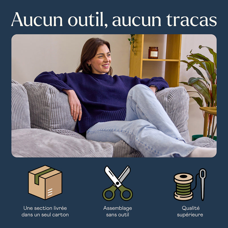 Fauteuil d'angle modulaire Zen, velours côtelé jumbo, gris
