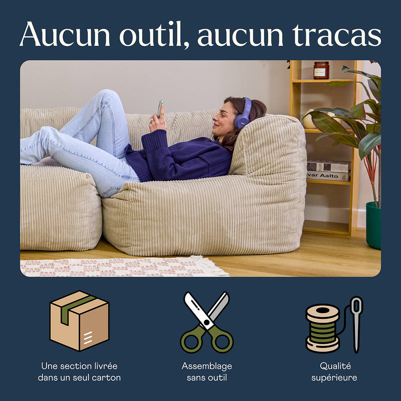 Fauteuil d'angle modulaire Zen, velours côtelé jumbo, pierre
