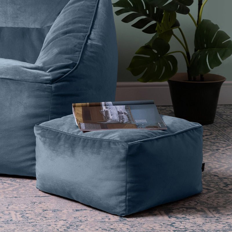 Repose-pieds Amara carré en velours, bleu