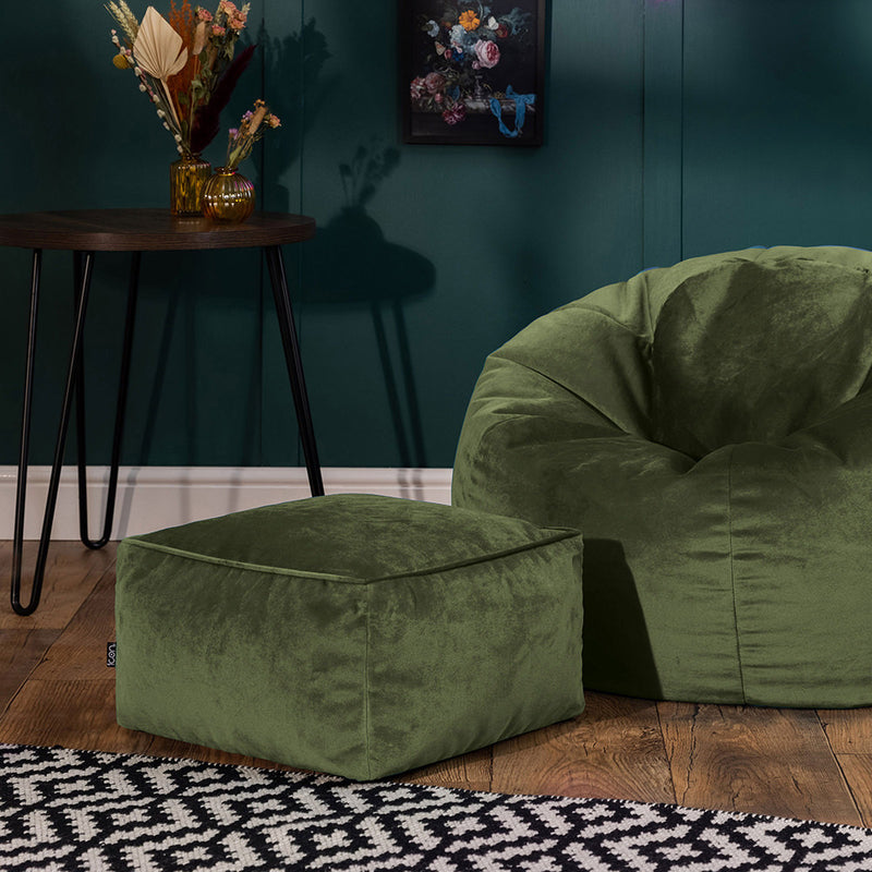 Pouffe carré Amara en velours – vert sauge