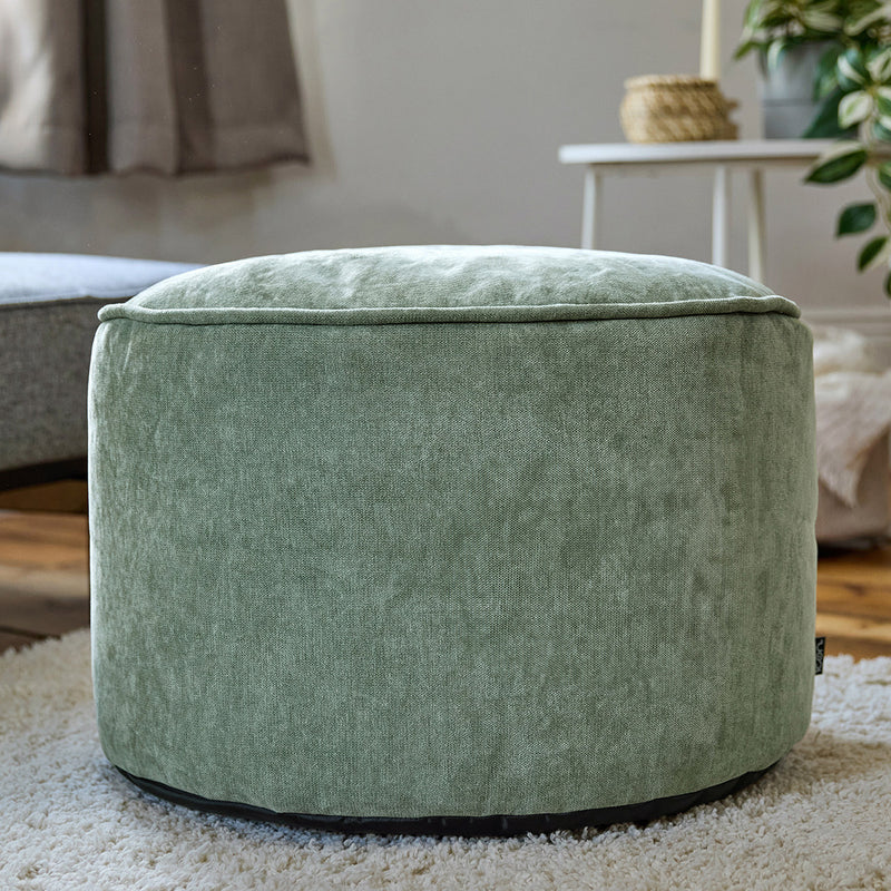 Pouf rond Milano en tissu chenille, ver sauge 
