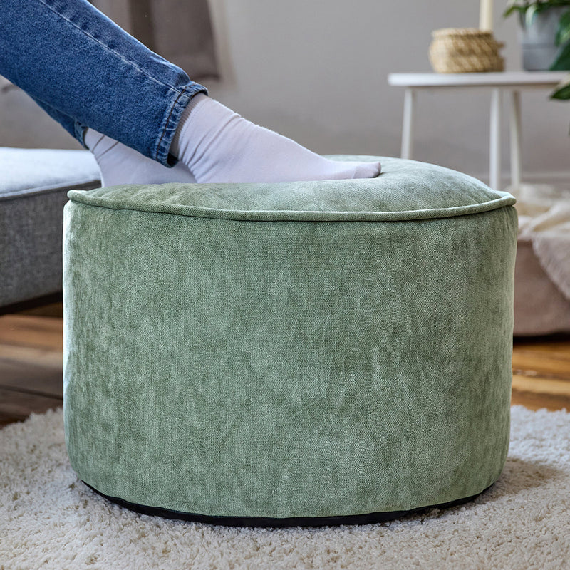 Pouf rond Milano en tissu chenille, ver sauge 