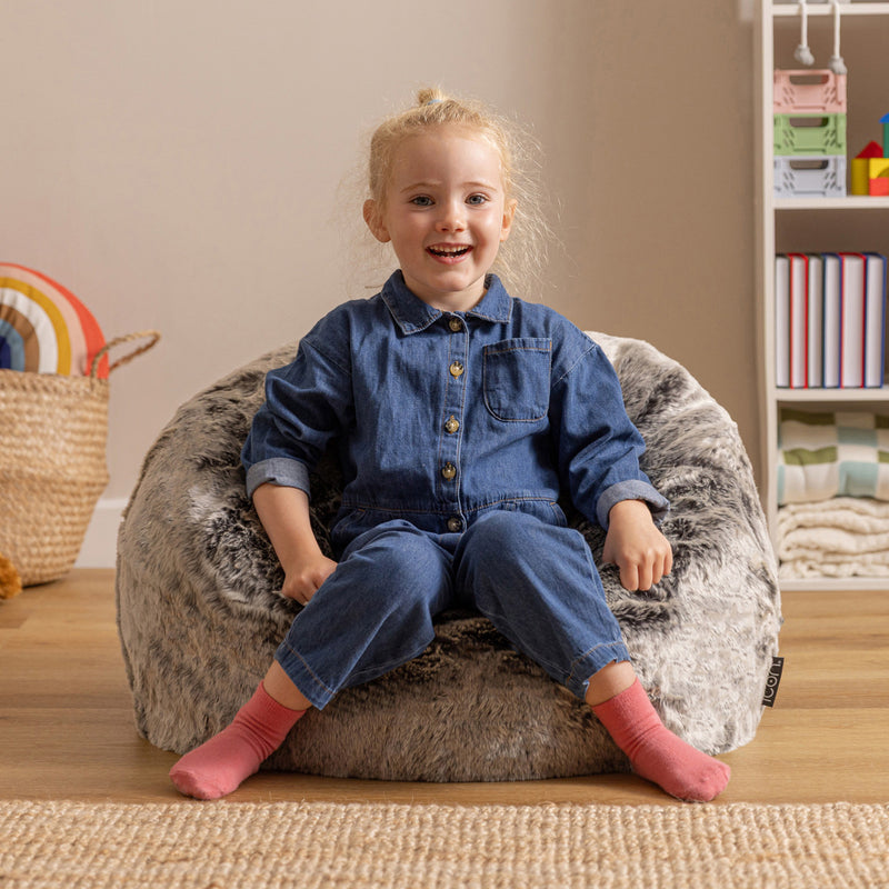 Fauteuil pouf méridienne enfant fausse fourrure, gris