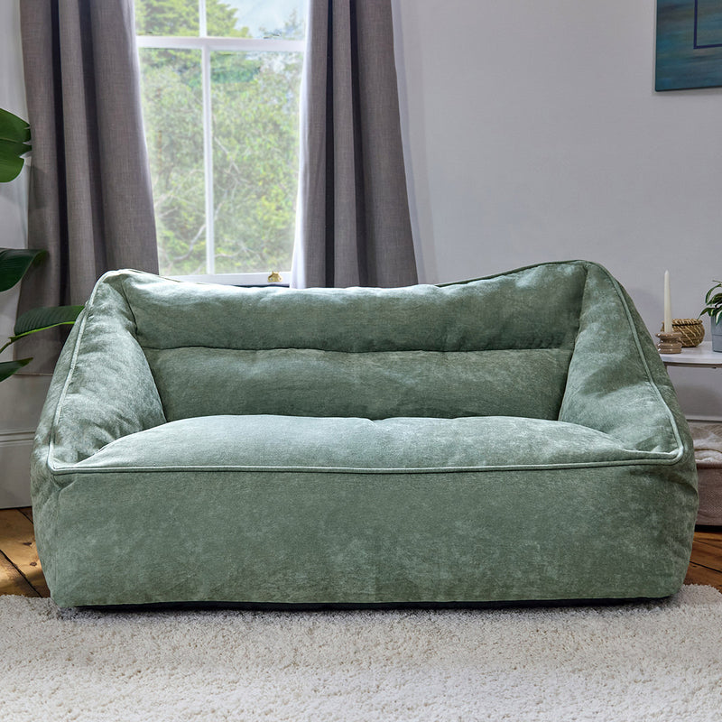 Canapé pouf deux places Cecilia en tissu chenille, vert sauge