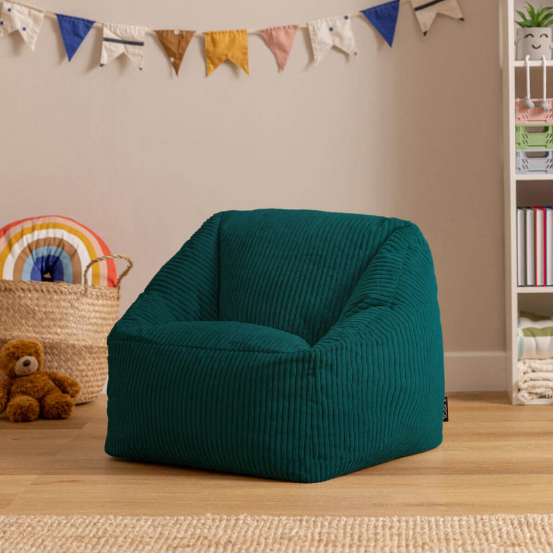 Fauteuil poire enfant Natalia en velours côtelé, sarcelle