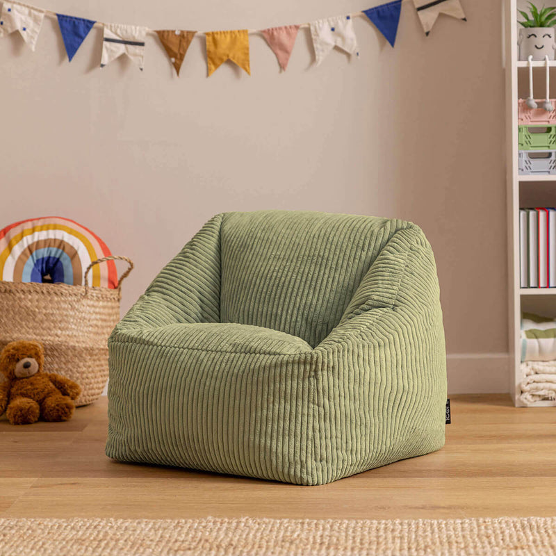 Fauteuil poire enfant Natalia en velours côtelé, vert sauge