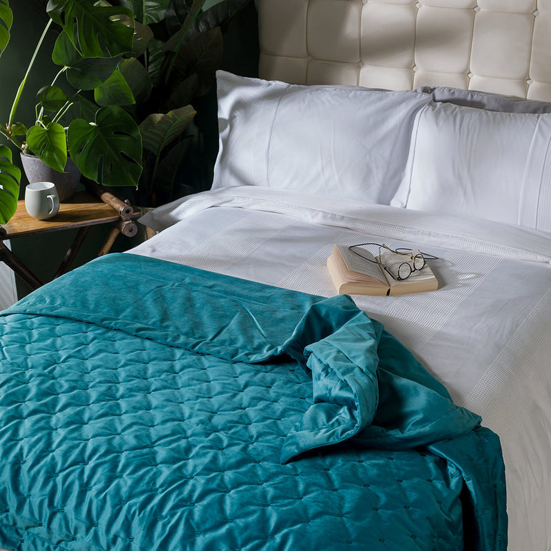 Jeté de lit matelassé en velours Rosa - Bleu sarcelle